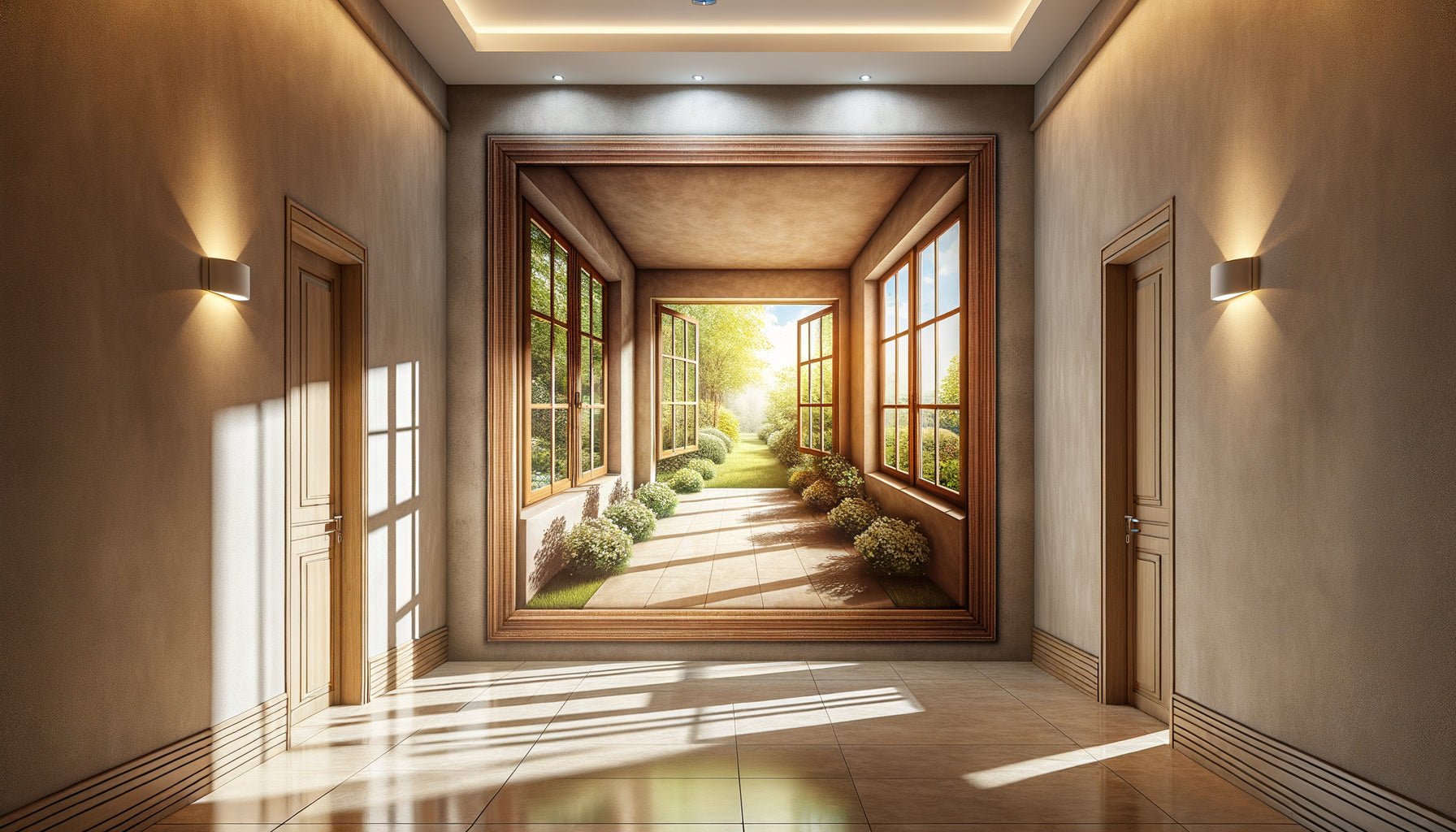Couloir aveugle avec photographie murale de fenêtre créant une illusion d'ouverture et de profondeur par trompe-l'œil architectural contemporain
