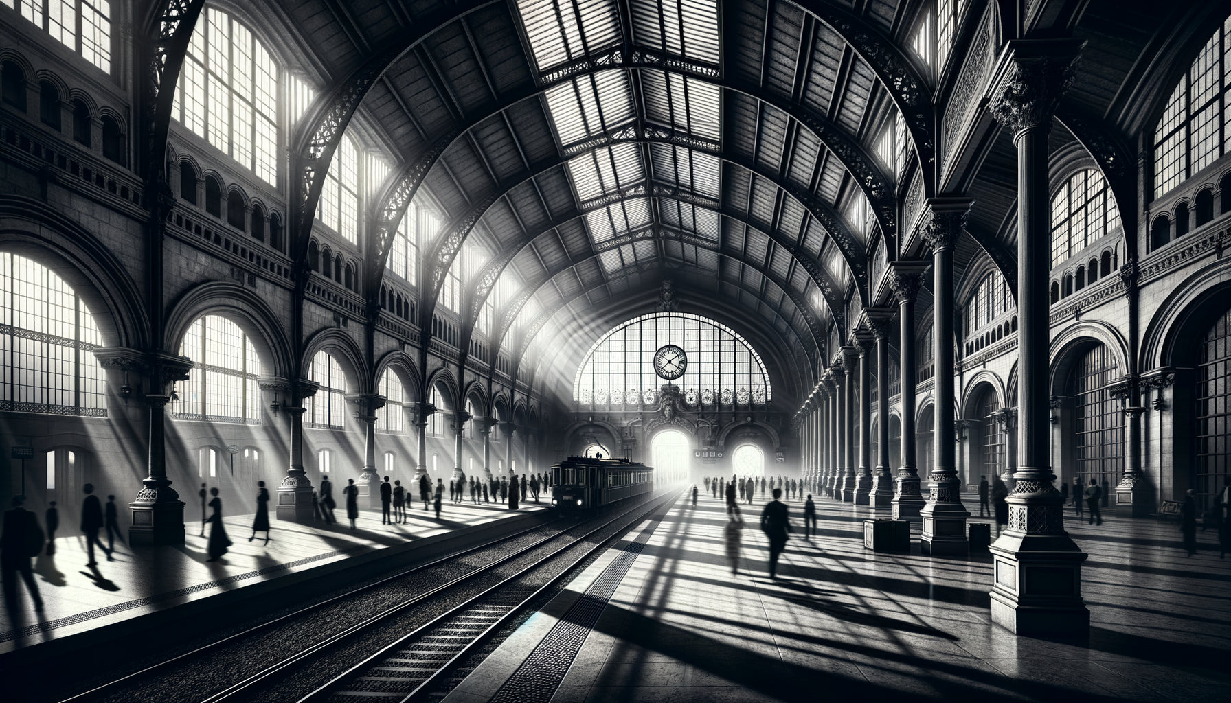 Photographie artistique noir et blanc d'intérieur de gare avec voyageurs en mouvement flou et lumière naturelle dramatique