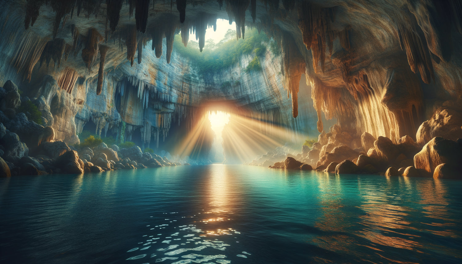 Photographie de grotte marine avec rayons de lumière naturelle traversant l'ouverture, eaux turquoise calmes et formations rocheuses millénaires