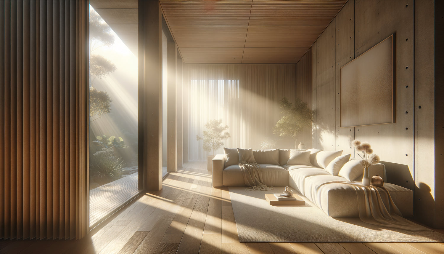 Intérieur contemporain sophistiqué photographié à travers brume matinale dorée créant une atmosphère contemplative et sereine