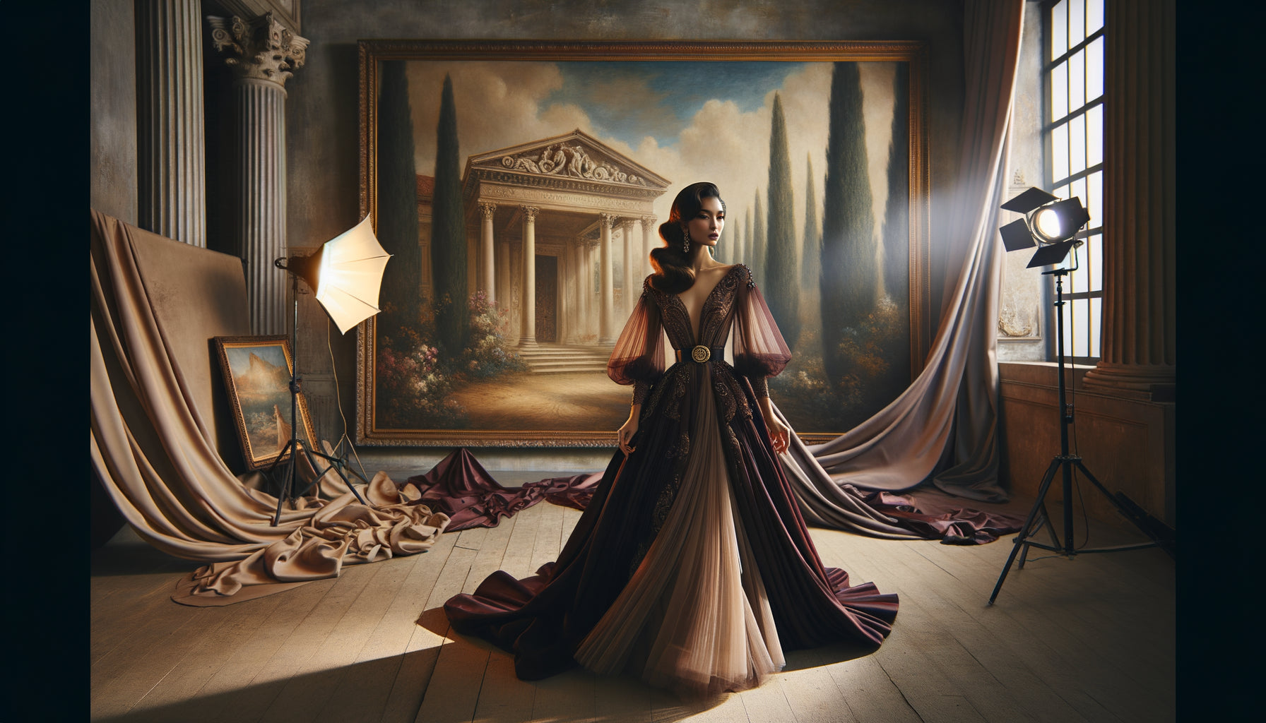 Photographie de mode vintage avec mannequin en haute couture devant décor peint inspiré de paysages romantiques classiques