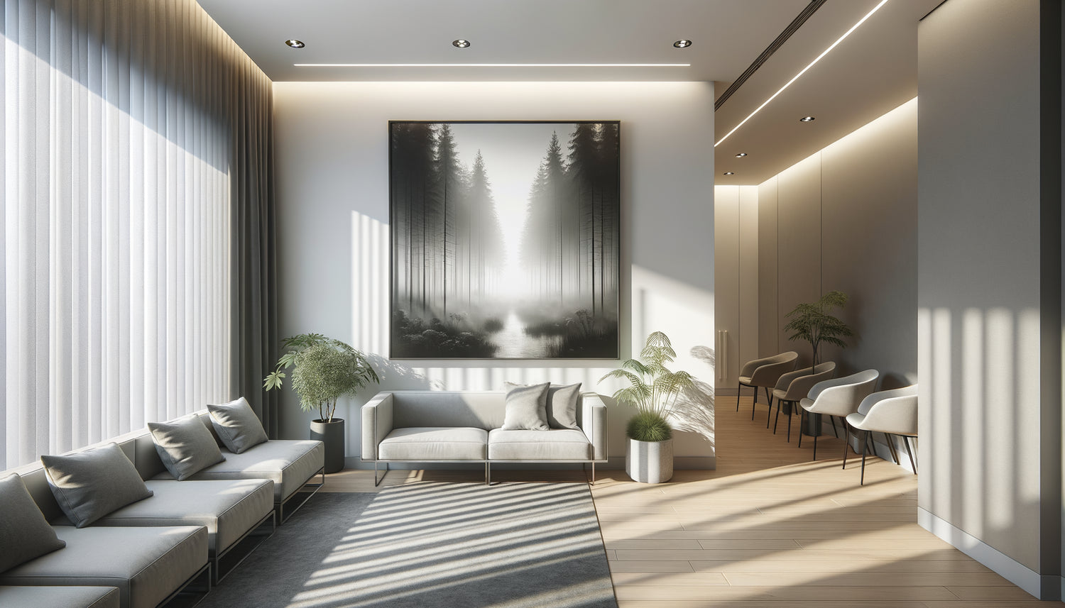 Photographie de nature en noir et blanc représentant une forêt brumeuse exposée dans un cabinet médical moderne et apaisant