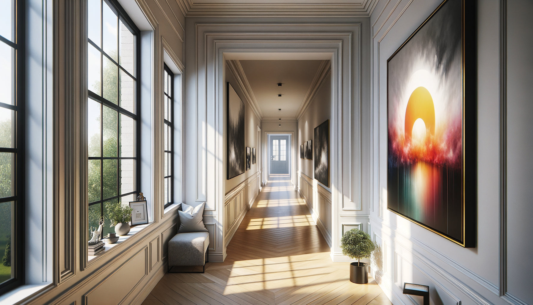 Couloir contemporain avec photographie encadrée d'un côté et peinture de l'autre, comparaison décorative réaliste