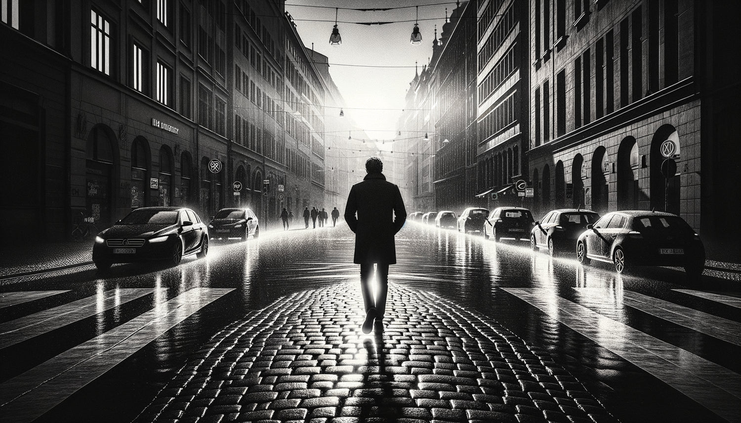 Photographie de rue noir et blanc intemporelle, silhouette urbaine dans jeu d'ombres dramatique, essence émotionnelle pure