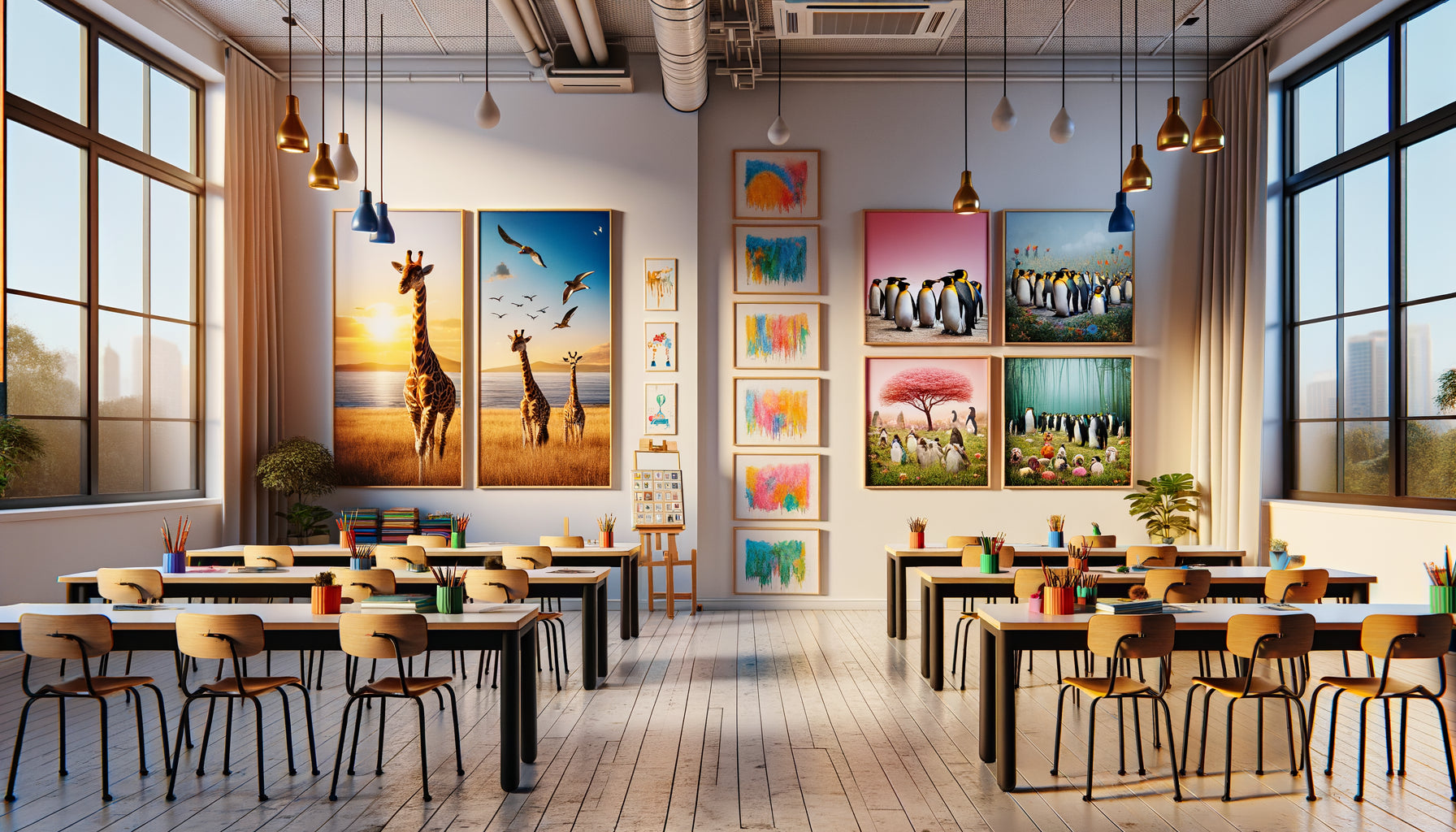 Mur de classe élémentaire montrant photographies documentaires animalières d'un côté et peintures artistiques colorées de l'autre