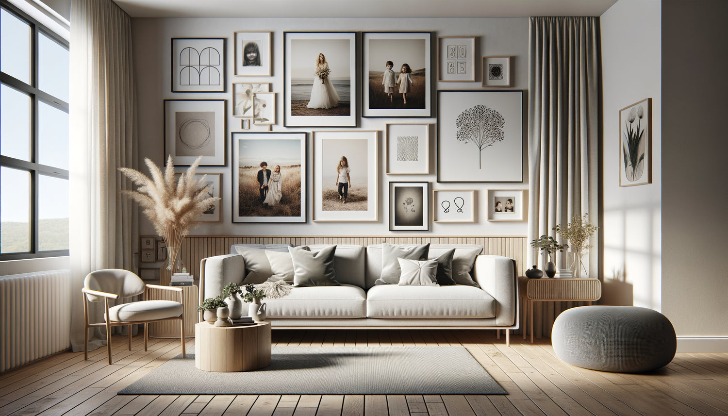 Salon moderne montrant le choix entre photographies familiales personnelles et illustrations décoratives sur les murs