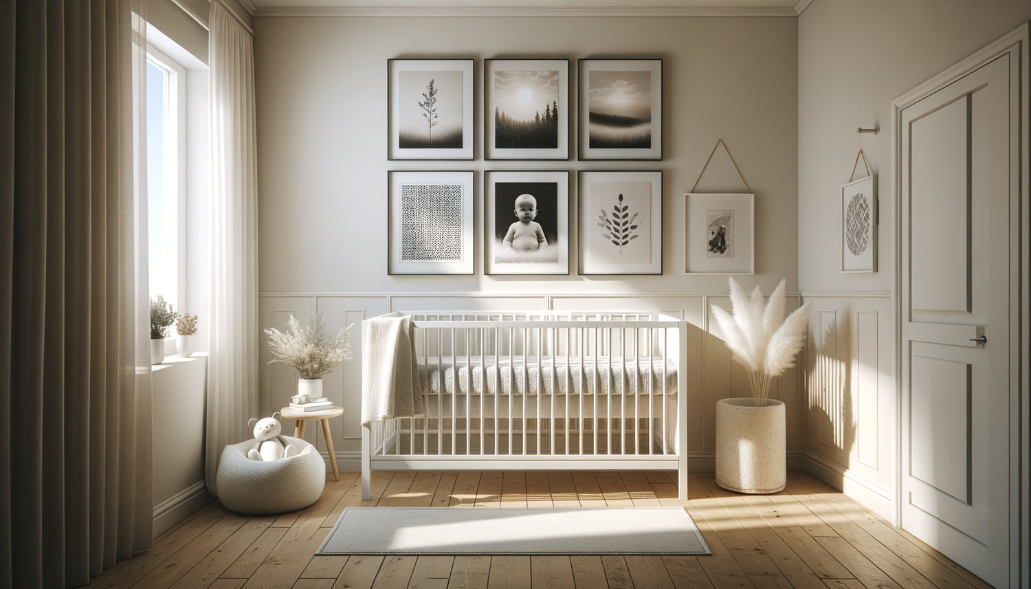 Chambre de bébé minimaliste avec photographies noir et blanc contrastées au-dessus du berceau blanc