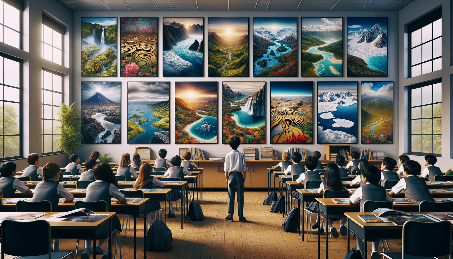 Salle de classe avec photographies de paysages mondiaux variés pour apprentissage géographique immersif des élèves
