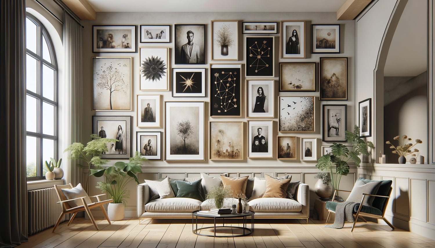 Mur décoratif contemporain mêlant harmonieusement photos de famille encadrées et œuvres décoratives en constellation