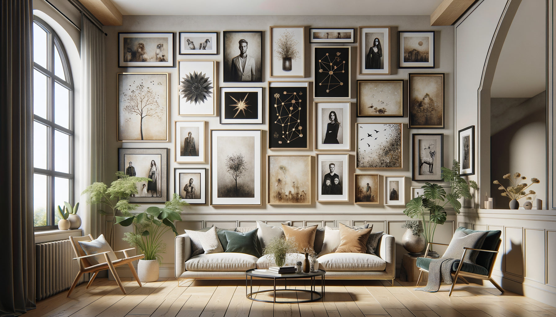 Mur décoratif contemporain mêlant harmonieusement photos de famille encadrées et œuvres décoratives en constellation