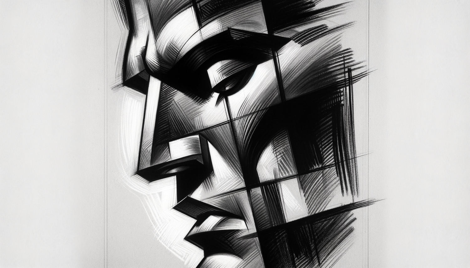 Dessin noir et blanc de Picasso, visage cubiste aux lignes expressives et contrastes puissants