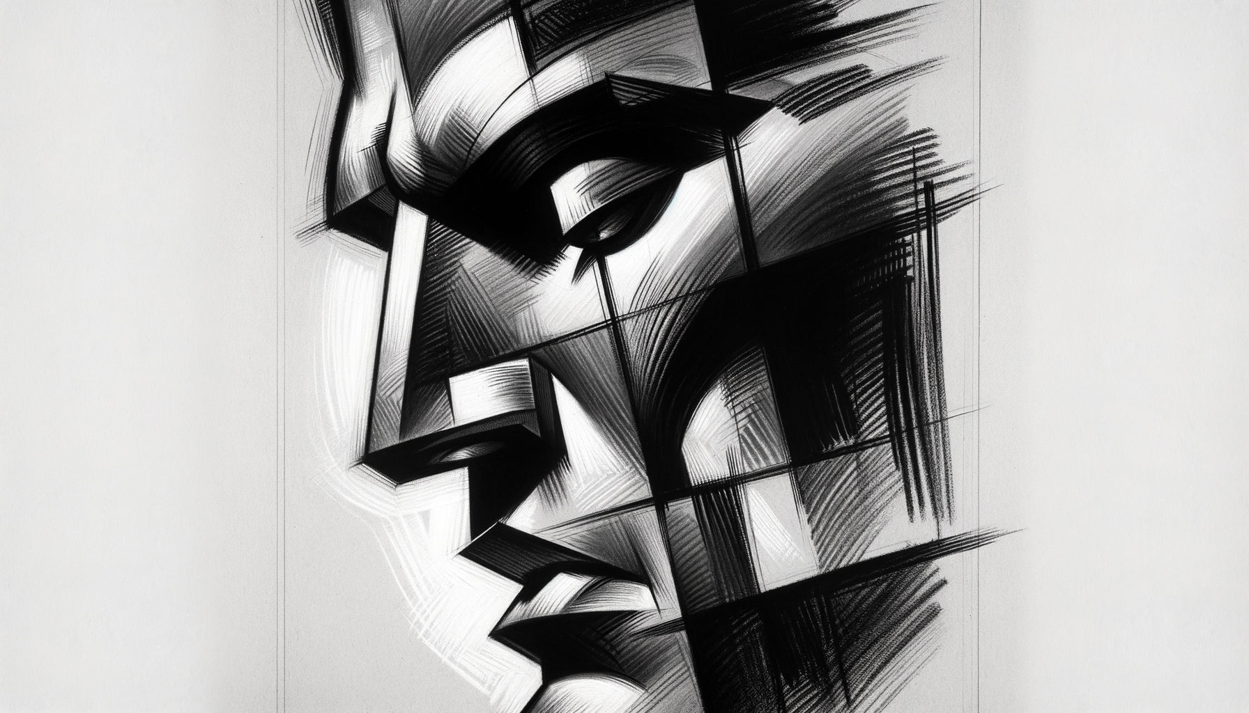Dessin noir et blanc de Picasso, visage cubiste aux lignes expressives et contrastes puissants