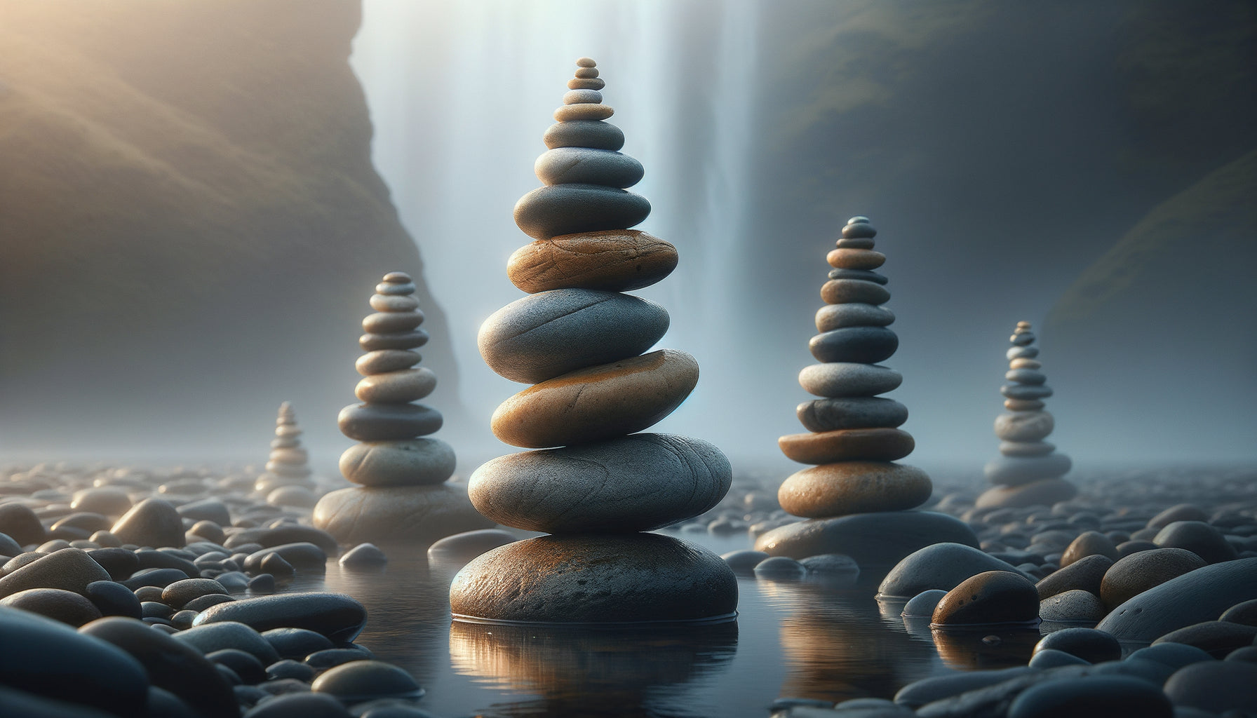 Photographie artistique de pierres empilées en équilibre, symbolisant harmonie et sérénité dans un sanctuaire zen apaisant