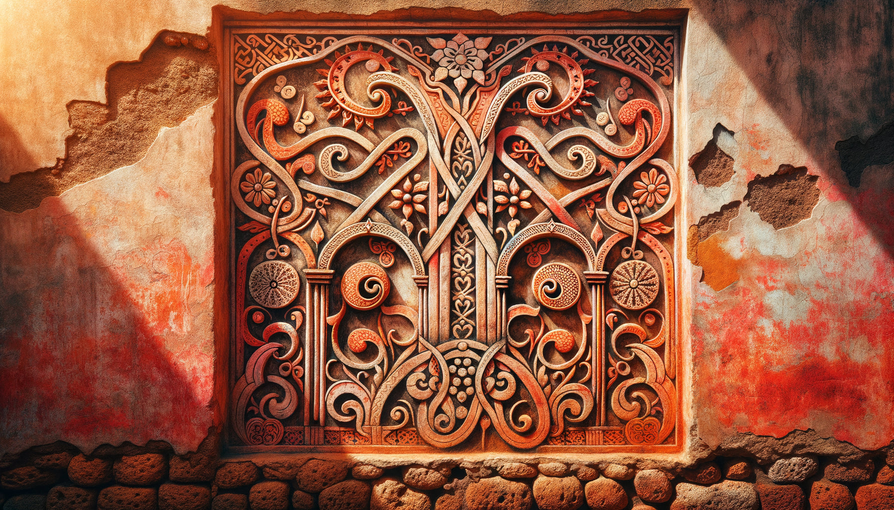 Mur swahili ancien décoré de motifs muraux au pigment de poudre de corail rouge, teinte rose-orangé lumineuse caractéristique