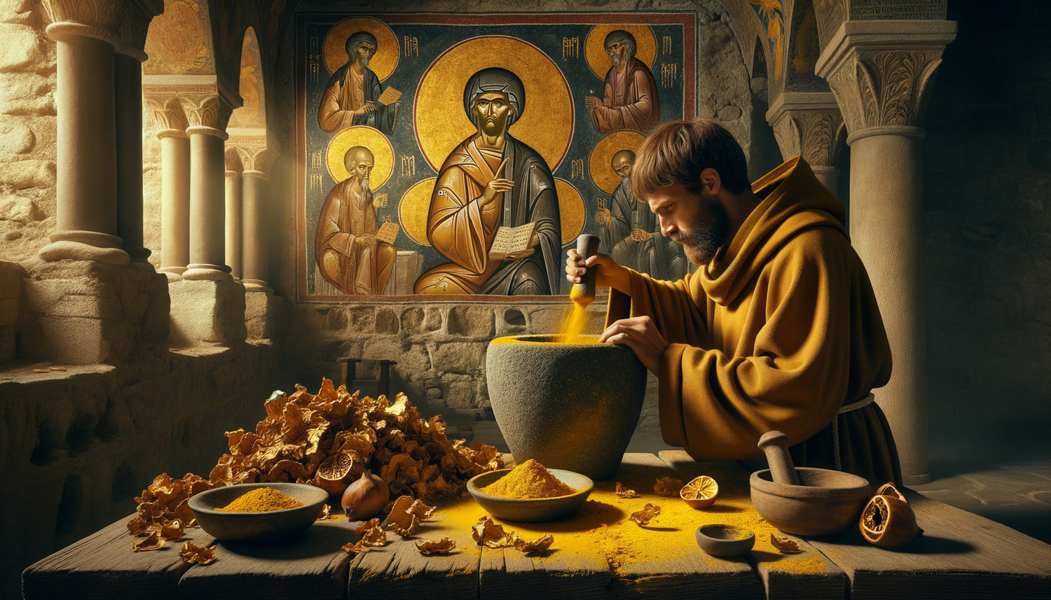 Moine byzantin préparant du pigment jaune à partir d'écorce de grenadier dans un monastère médiéval