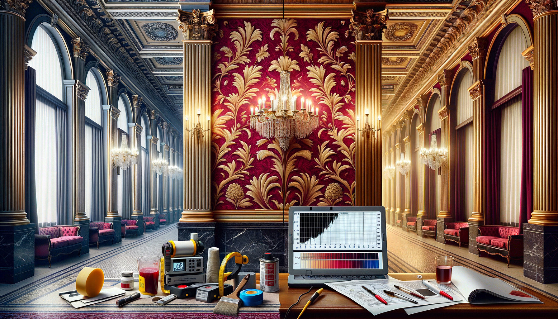 Comparaison de pigments professionnels ultra-résistants dans un palace historique montrant leur durabilité exceptionnelle face aux contraintes hôtelières