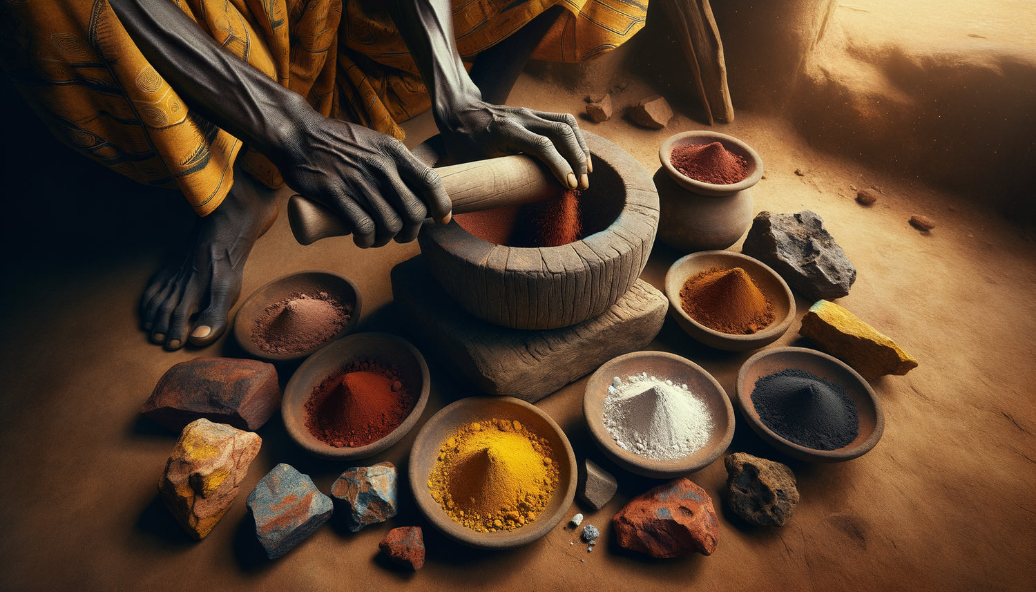 Préparation traditionnelle de pigments africains : minéraux locaux broyés en poudres colorées vibrantes sur pierre