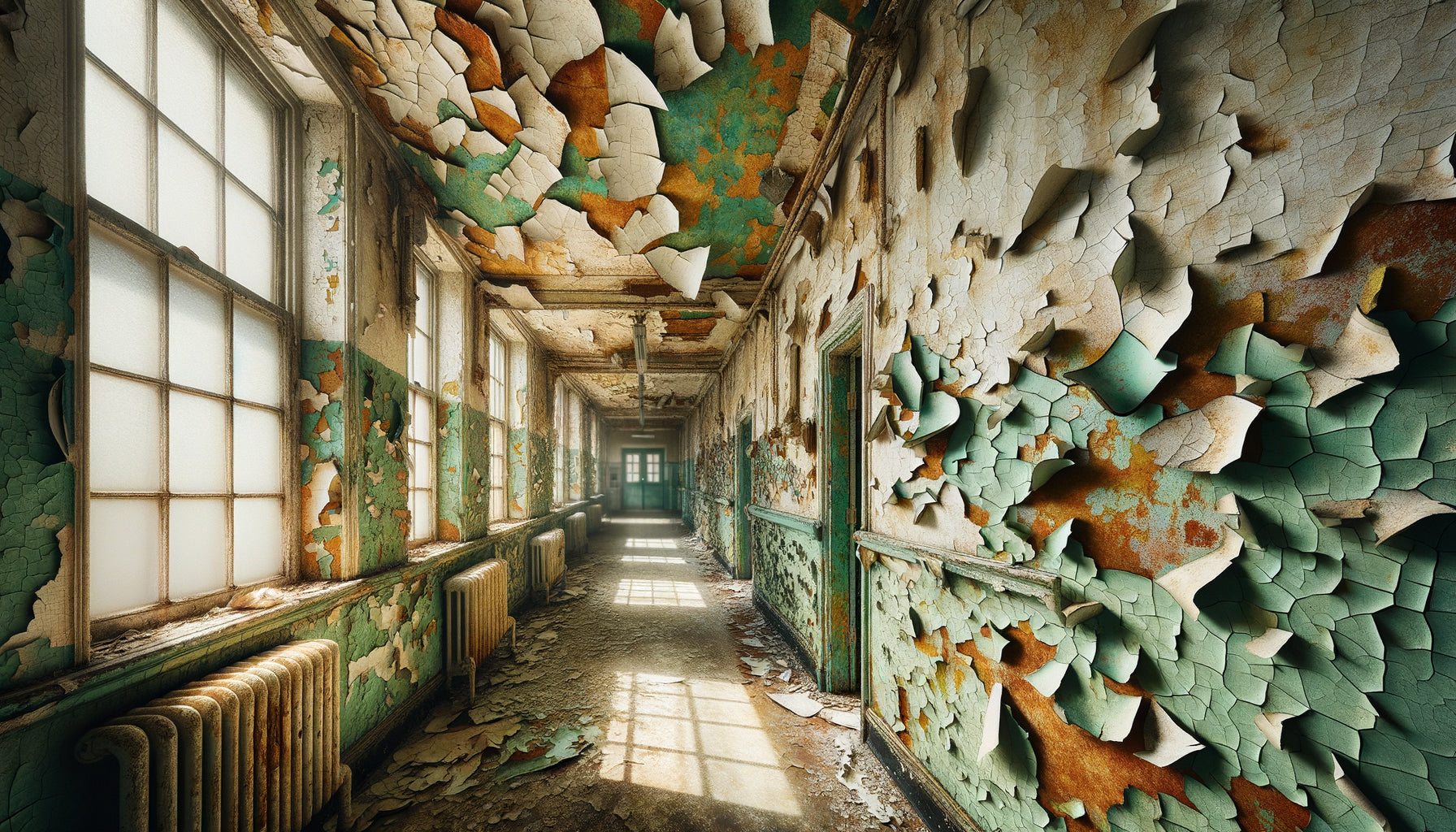 Gros plan de peinture murale d'hôpital ancienne écaillée révélant des couches de pigments toxiques colorés caractéristiques