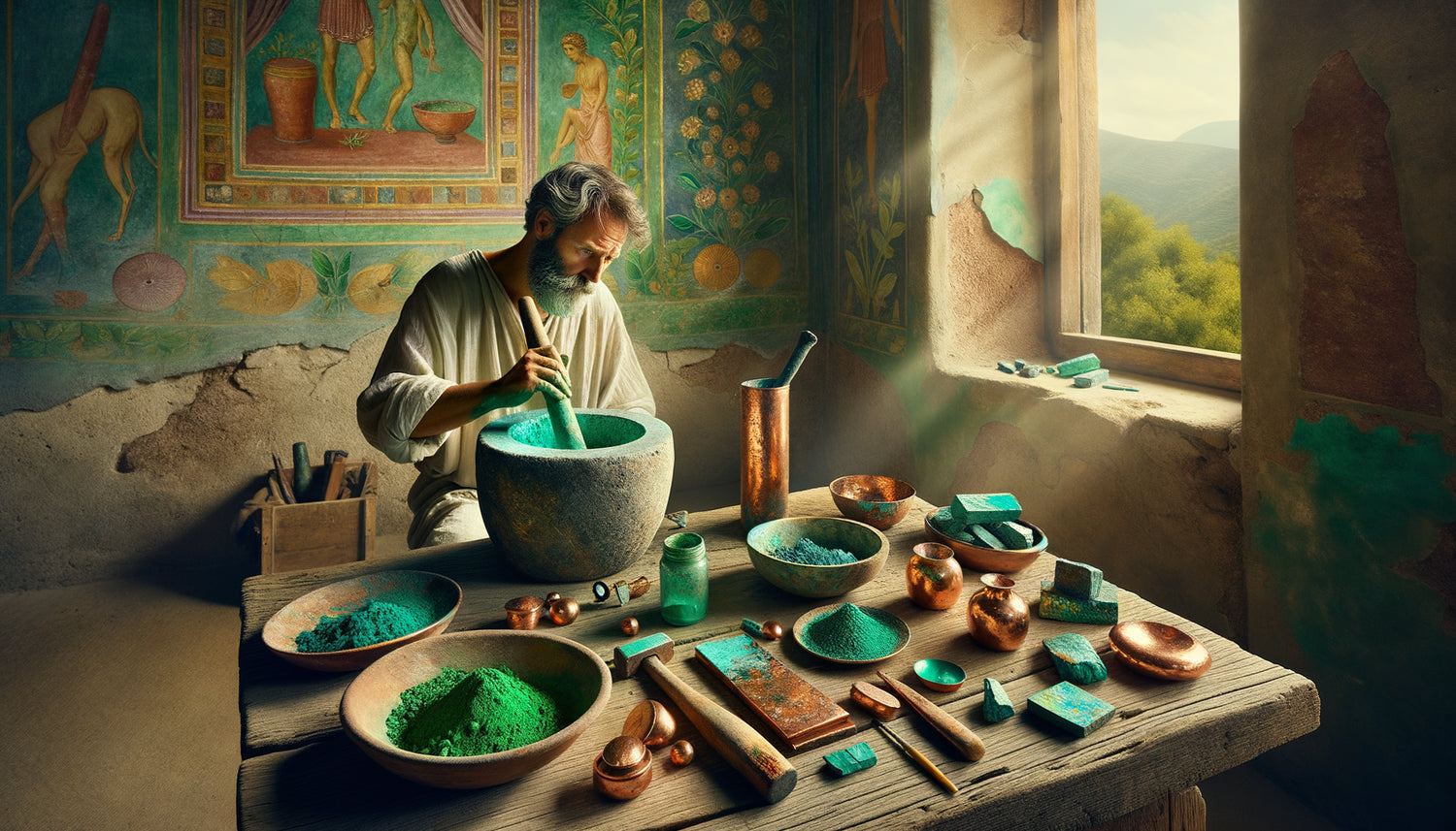 Atelier romain antique montrant la fabrication de pigments verts à base de cuivre oxydé, malachite et vert-de-gris broyés