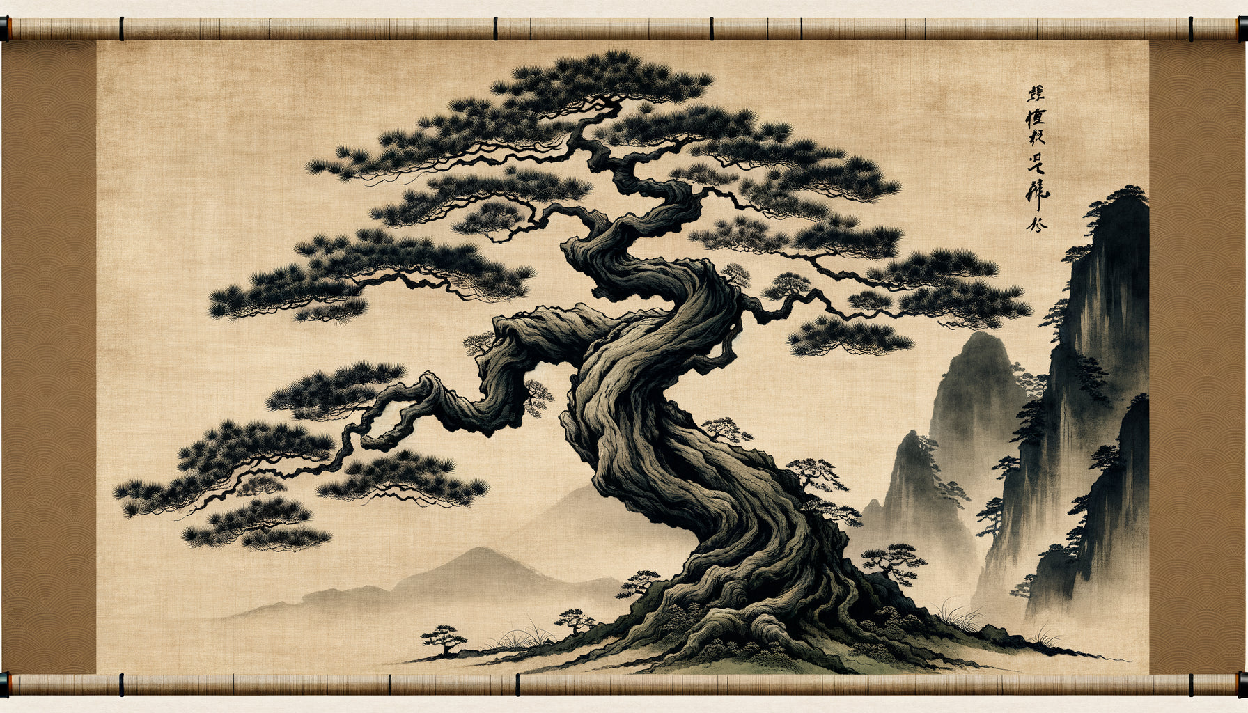 Peinture japonaise traditionnelle à l'encre représentant un pin tordu majestueux incarnant le wabi-sabi et la résilience