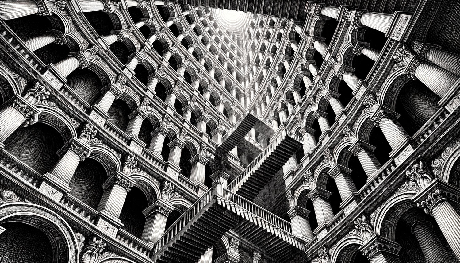 Détail de gravure architecturale fantastique style Piranèse XVIIIe siècle, perspective vertigineuse en noir et blanc