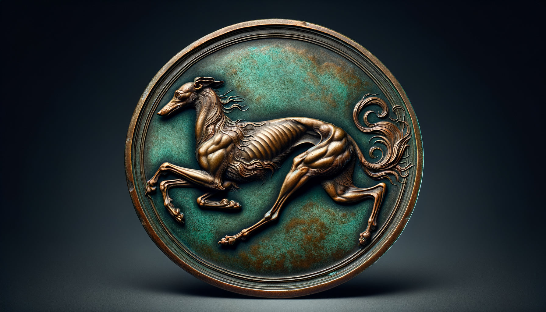 Médaille Renaissance en bronze d'Antonio Pisanello représentant un lévrier en mouvement, relief détaillé, 15ème siècle italien