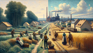 Peinture impressionniste style Pissarro montrant la transition agricole française du XIXe siècle, paysans traditionnels et éléments industriels émergents