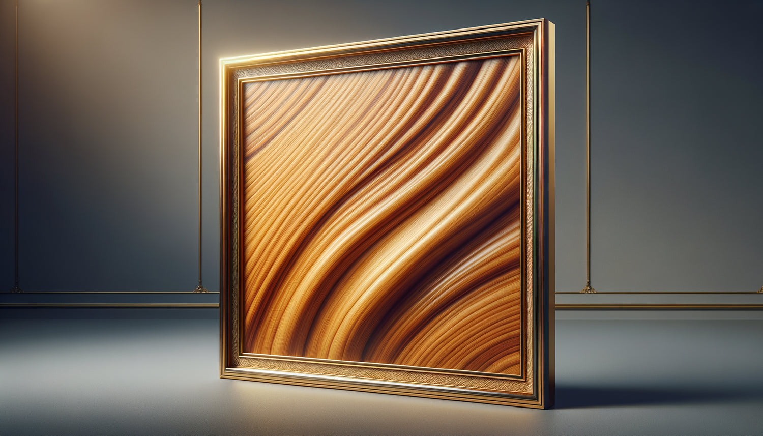 Gros plan d'un placage bois noble à grain fin sur mur de galerie, encadrement doré adjacent, éclairage muséal doux