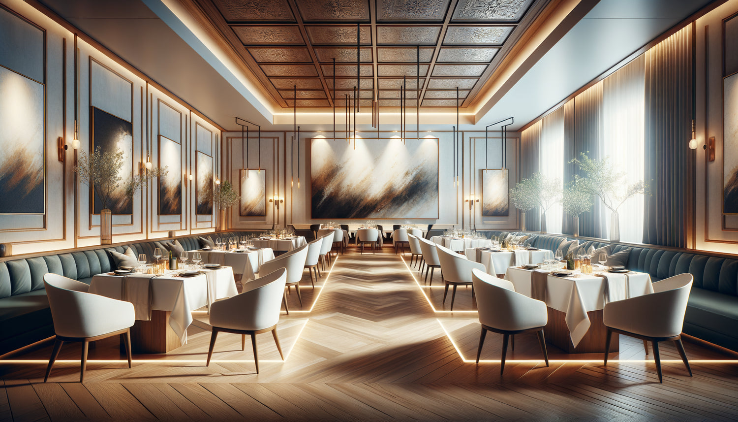 Intérieur de restaurant élégant montrant placement stratégique de tableaux muraux sur murs libres et près des tables