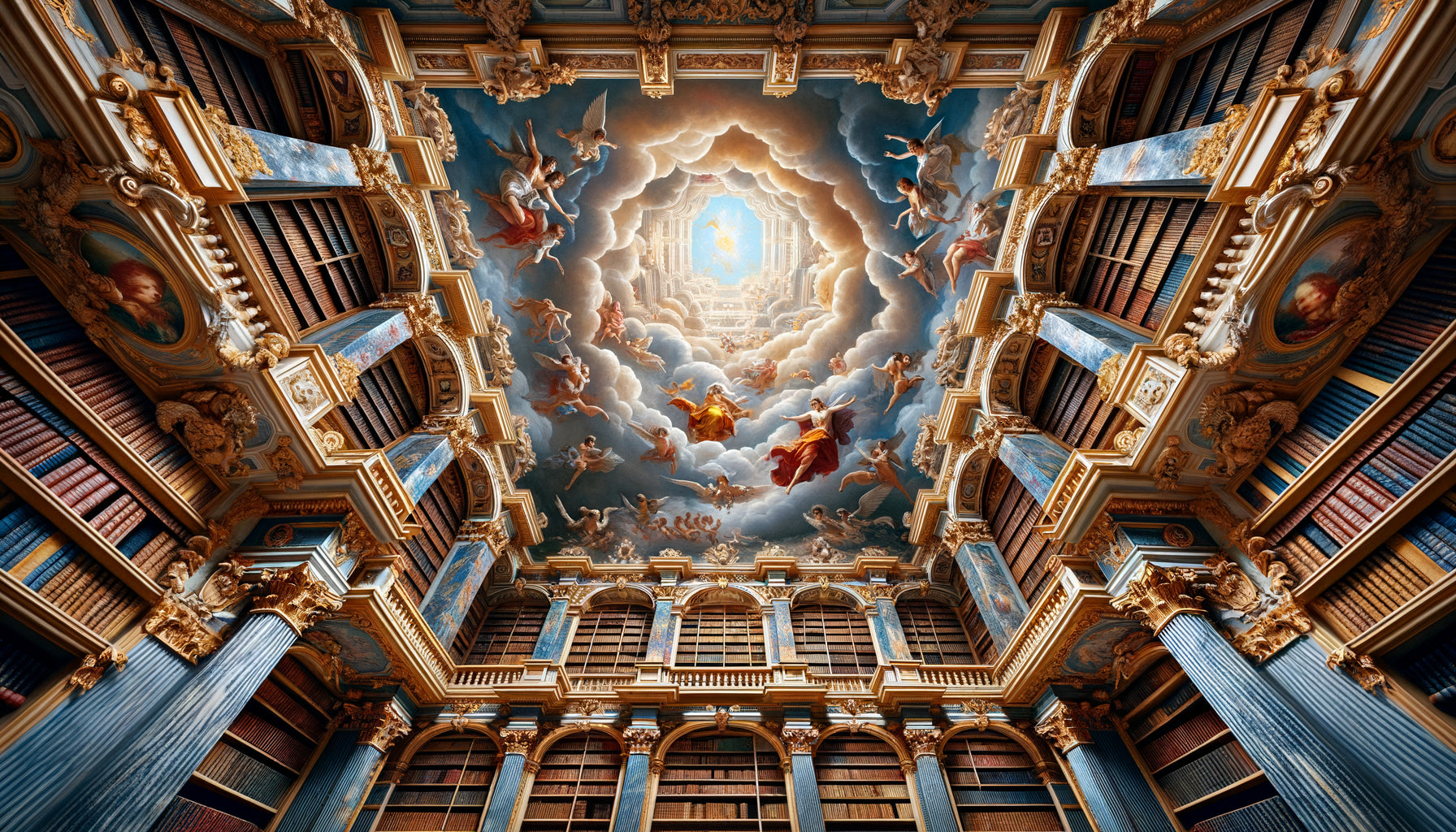 Plafond baroque de bibliothèque en trompe-l'œil avec perspective vertigineuse ouvrant sur un ciel céleste illusoire, technique du 17ème siècle