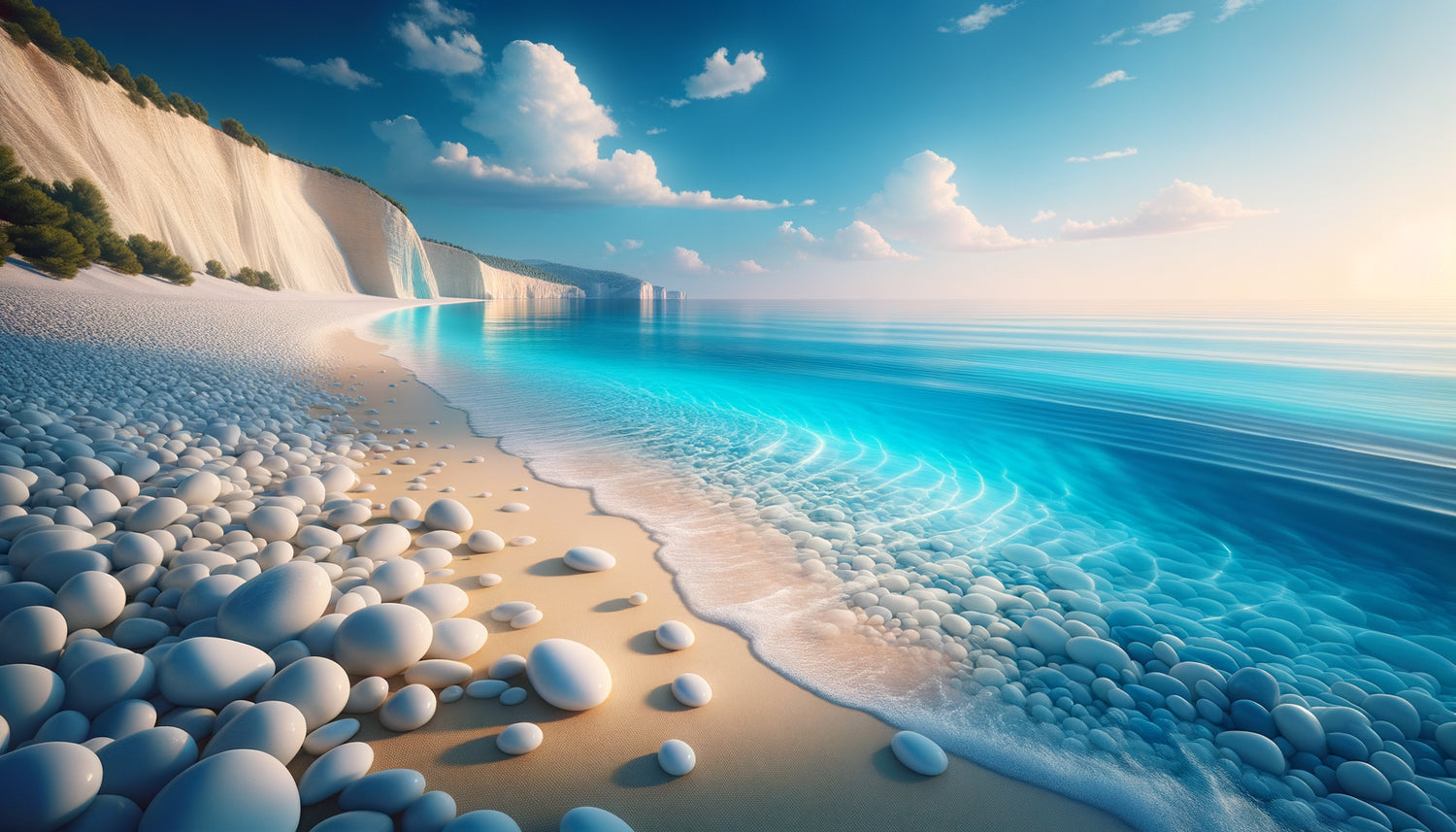Plage méditerranéenne aux eaux turquoise translucides et composition minimaliste apaisante avec palette de bleus caractéristiques