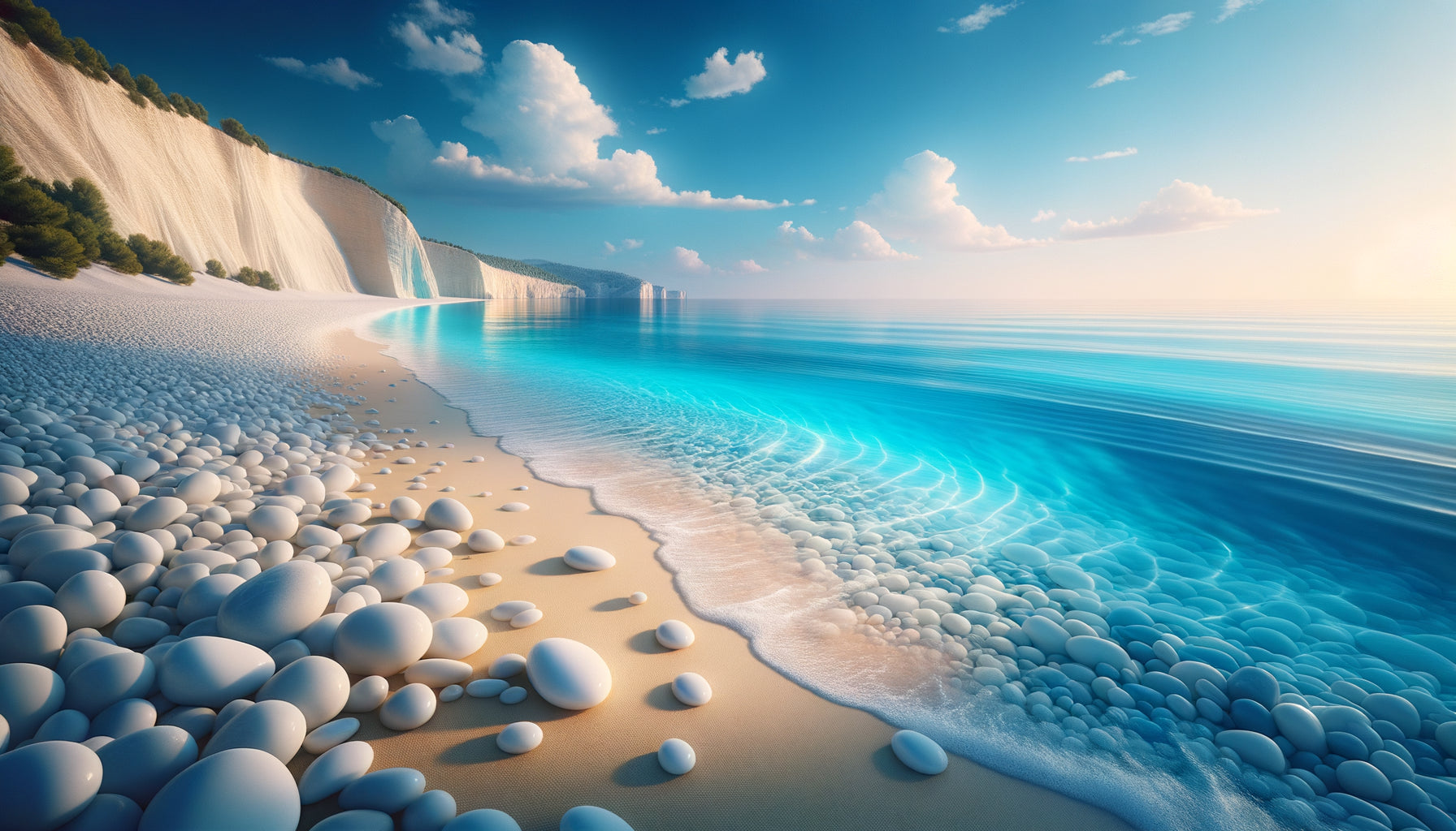 Plage méditerranéenne aux eaux turquoise translucides et composition minimaliste apaisante avec palette de bleus caractéristiques