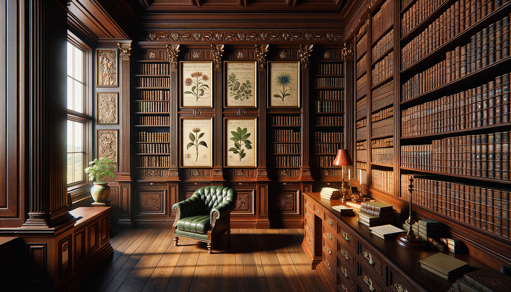 Bibliothèque anglaise traditionnelle en chêne avec planches botaniques anciennes encadrées entre les rayonnages de livres anciens