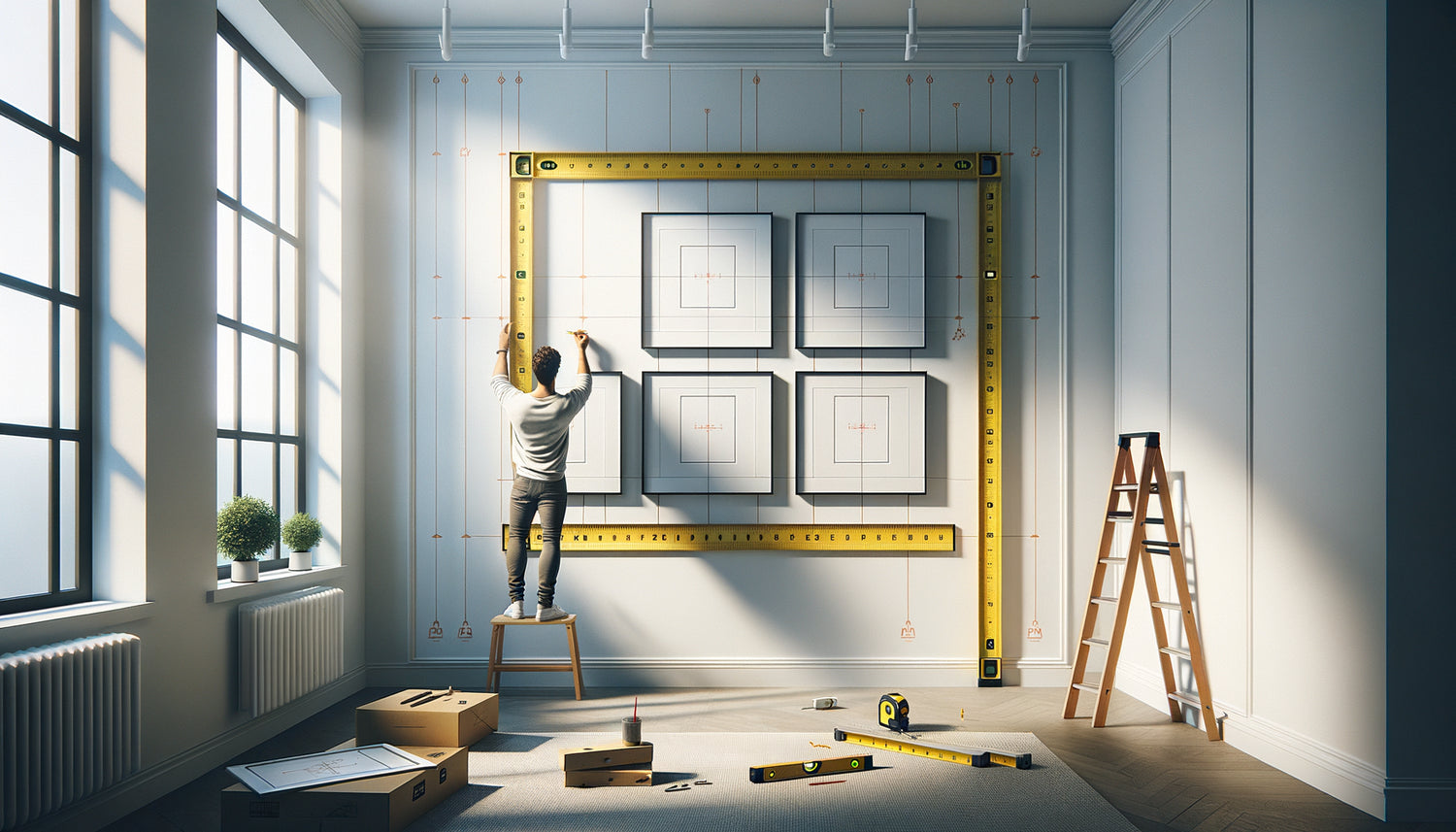 Processus de planification d'accrochage de tableaux avec gabarits papier et mesures à 150 cm sur mur blanc