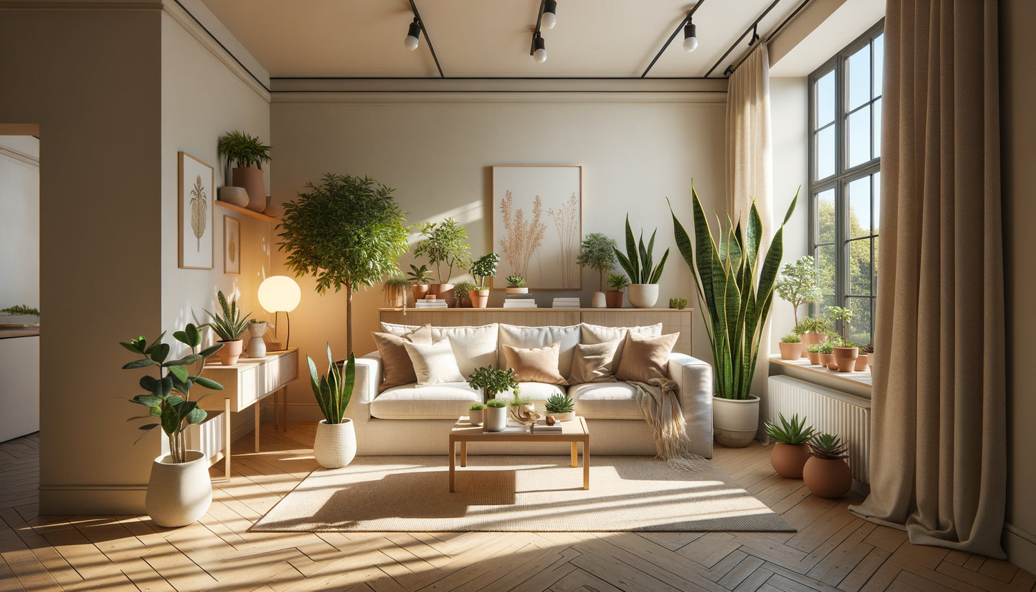 Intérieur Airbnb moderne avec sansevieria, zamioculcas et succulentes, plantes d'intérieur sans entretien