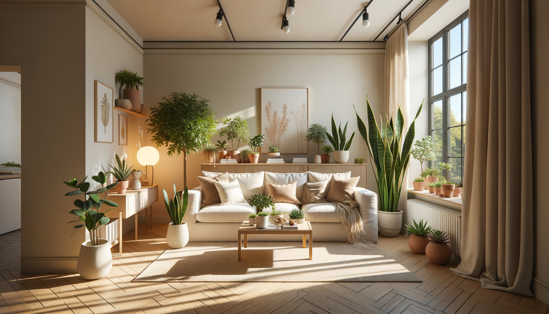 Intérieur Airbnb moderne avec sansevieria, zamioculcas et succulentes, plantes d'intérieur sans entretien