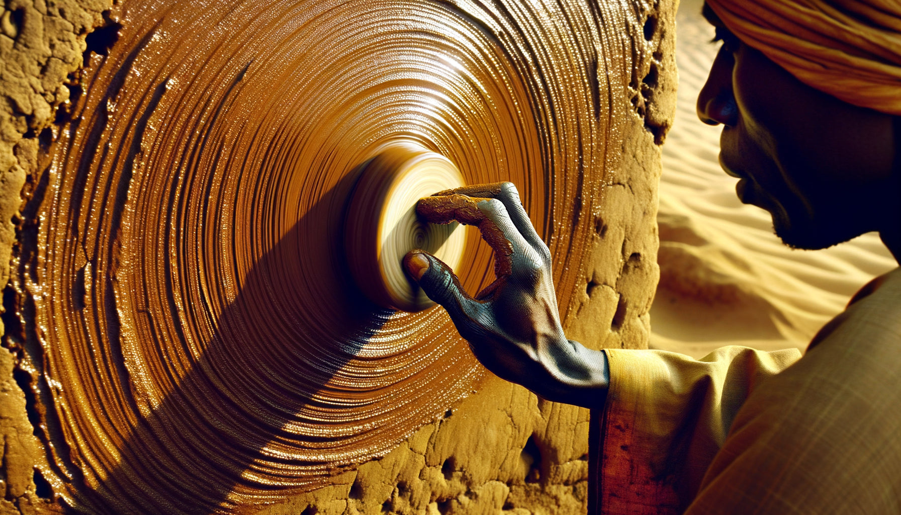 Main polit un mur d'argile nubien avec un galet, technique ancestrale africaine créant une finition brillante