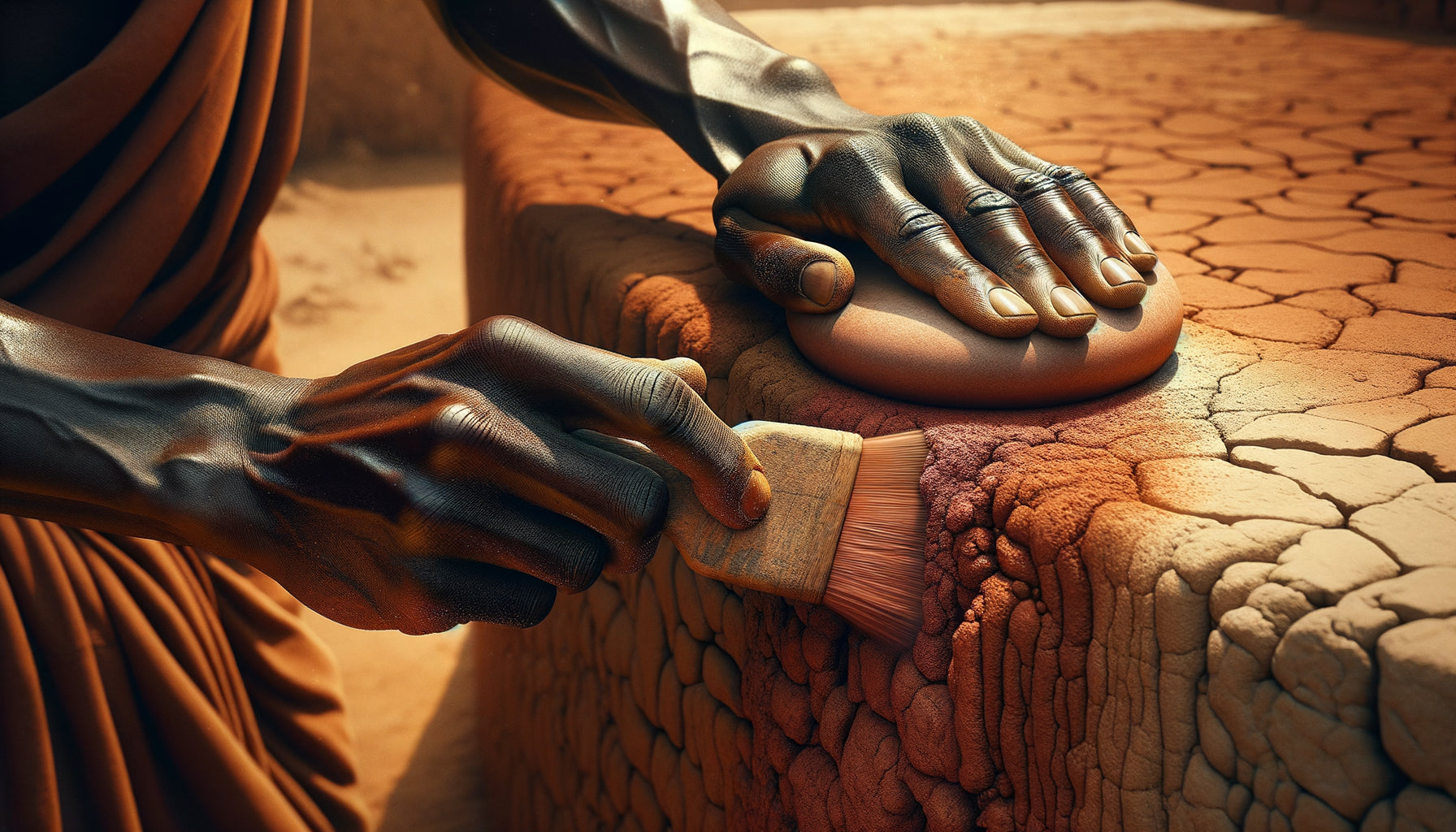 Artisan africain polissant un mur d'argile traditionnel avec une pierre, technique ancestrale de préparation murale pour fresques