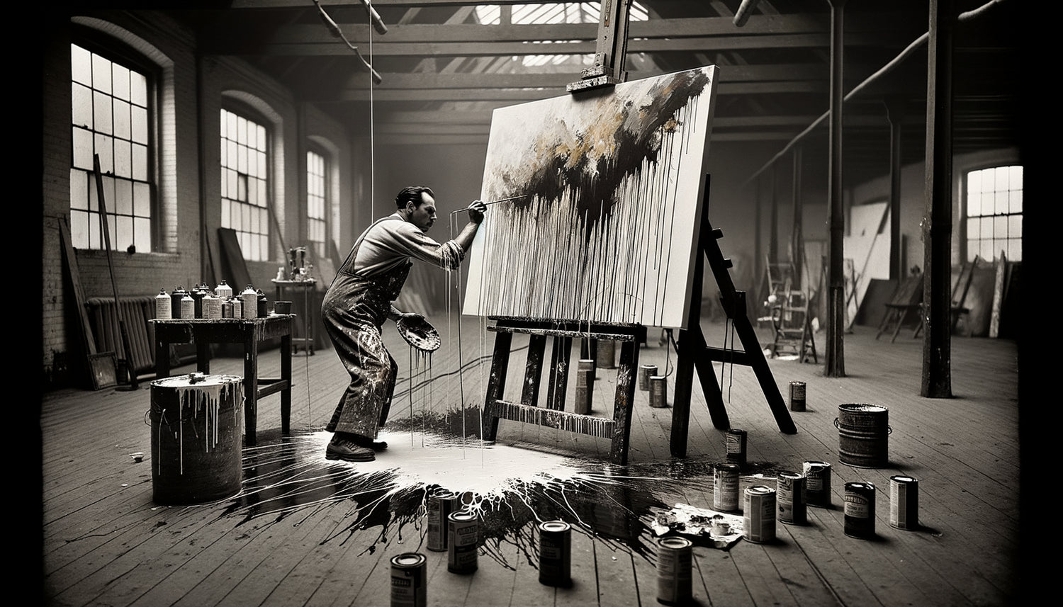 Artiste pratiquant le dripping façon Pollock, action painting expressionniste abstrait américain années 1950
