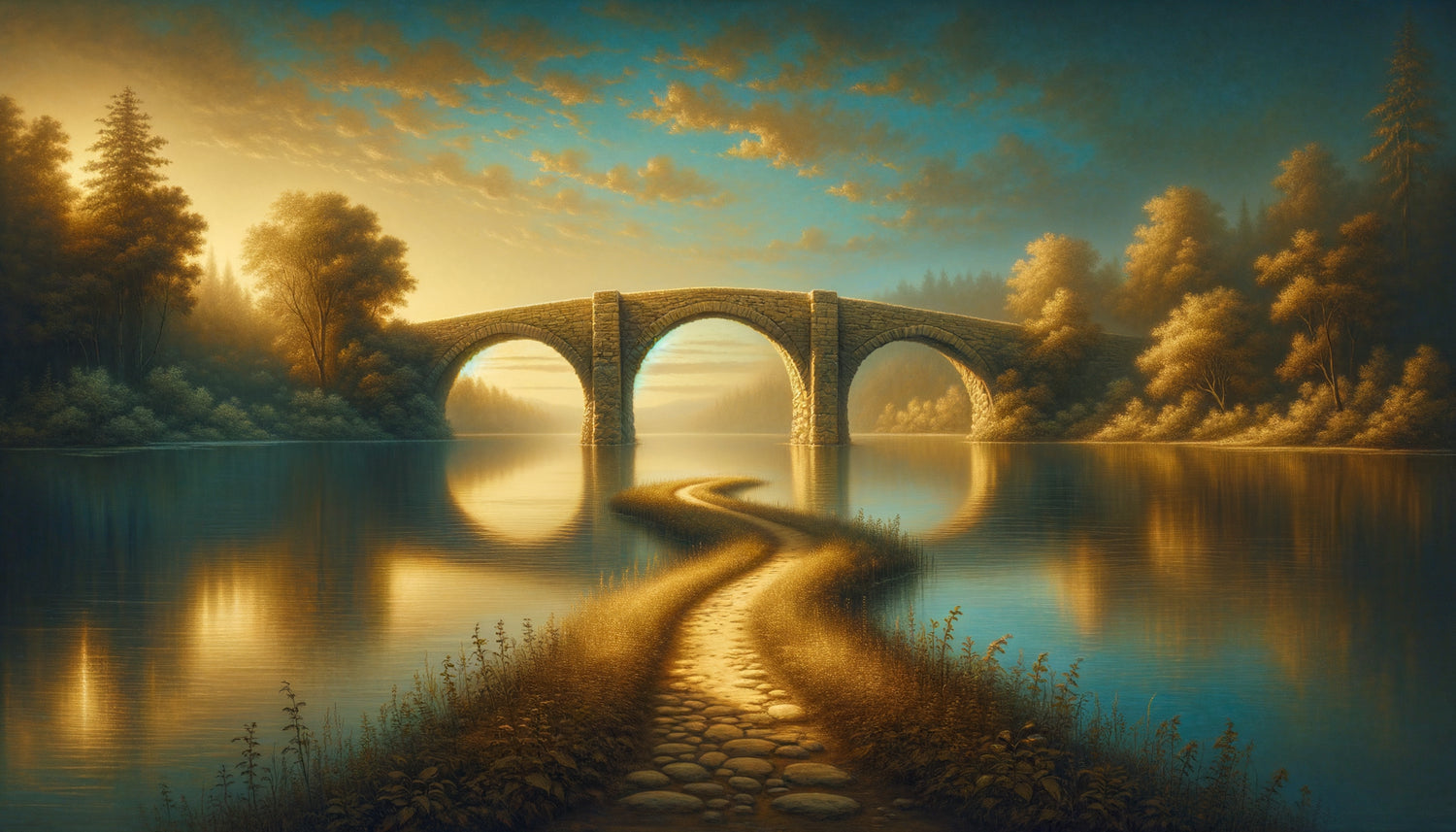 Peinture symbolique d'un pont reliant deux rives, représentant la résolution de conflits et la connexion