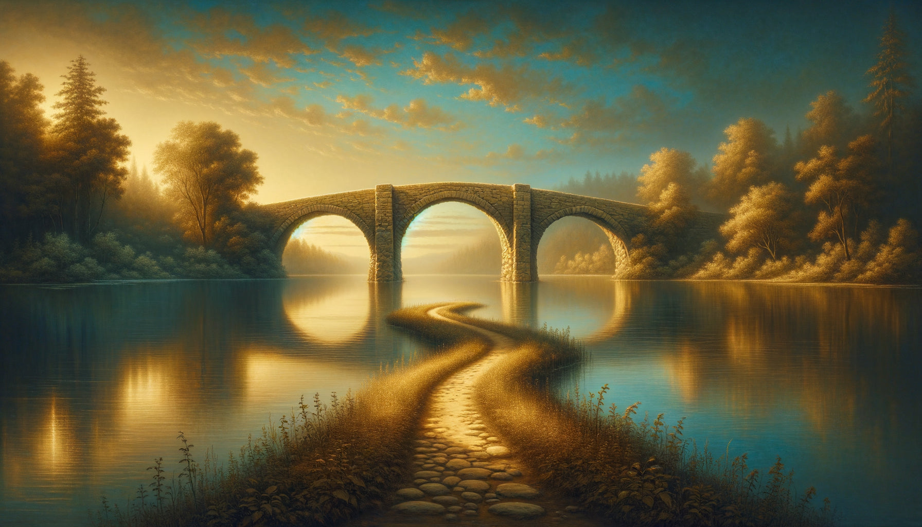 Peinture symbolique d'un pont reliant deux rives, représentant la résolution de conflits et la connexion