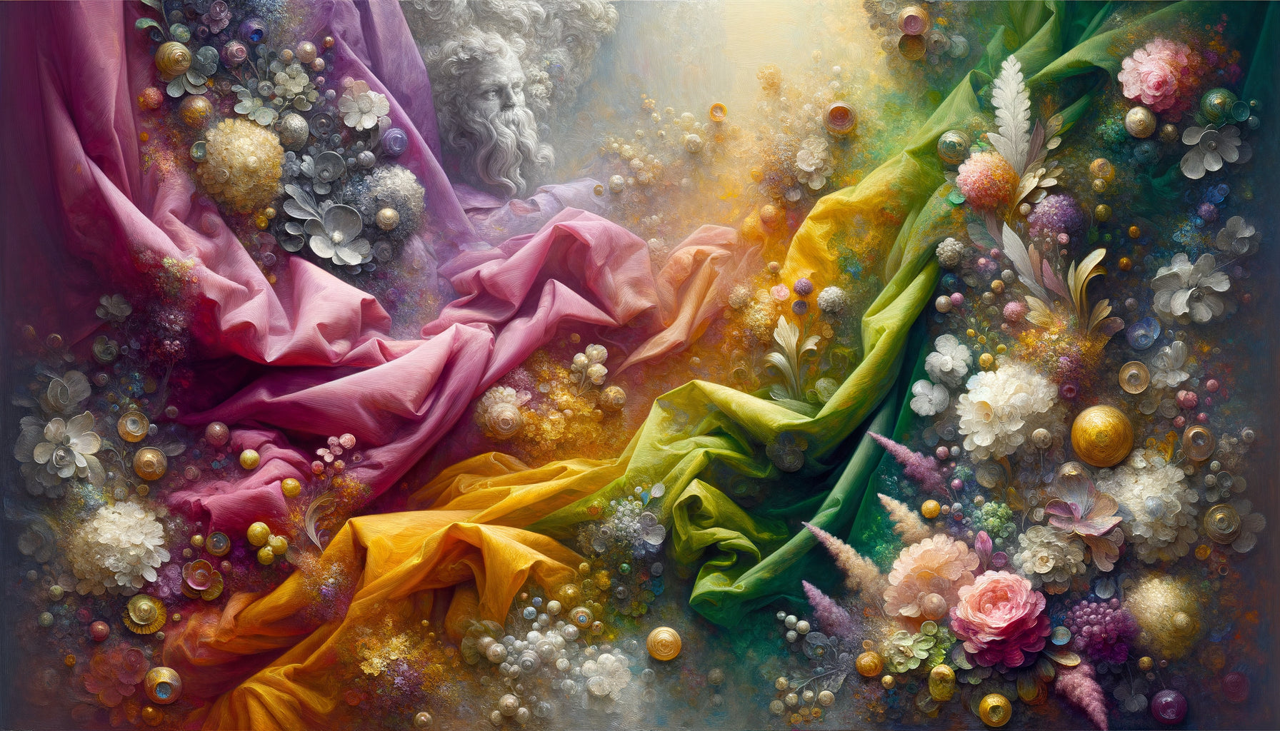 Détail de draperie maniériste aux couleurs acides roses et vertes, technique des glacis de Pontormo, 16ème siècle florentin