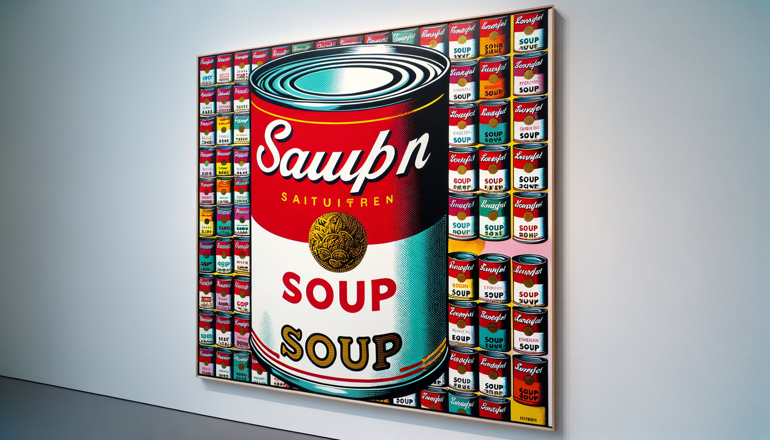 Œuvre pop art style Andy Warhol représentant des boîtes de soupe Campbell avec couleurs vives et technique sérigraphie années 60