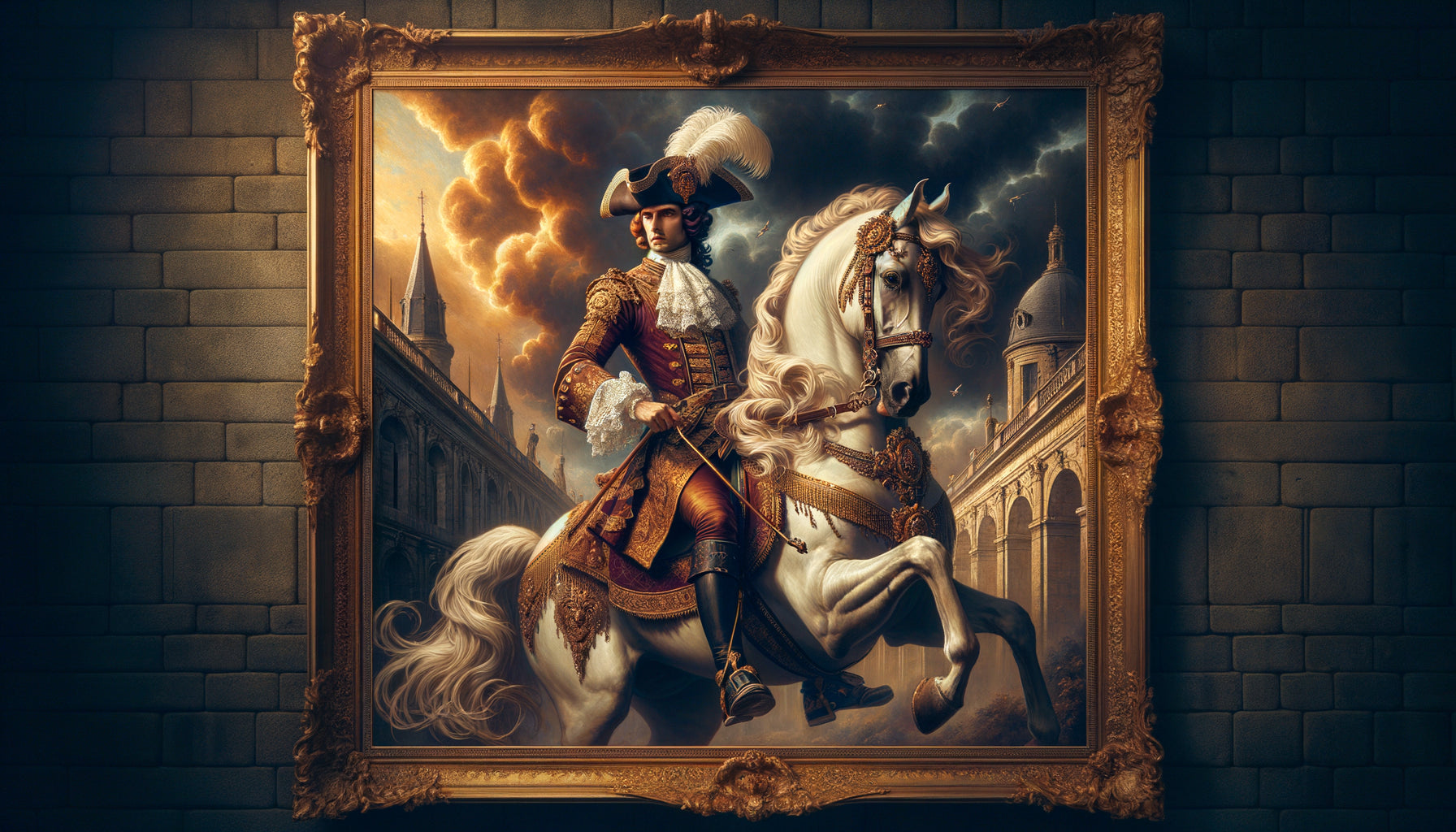 Portrait équestre aristocratique français style Louis XIV, noble sur cheval cabré, peinture baroque 17ème siècle, décor château