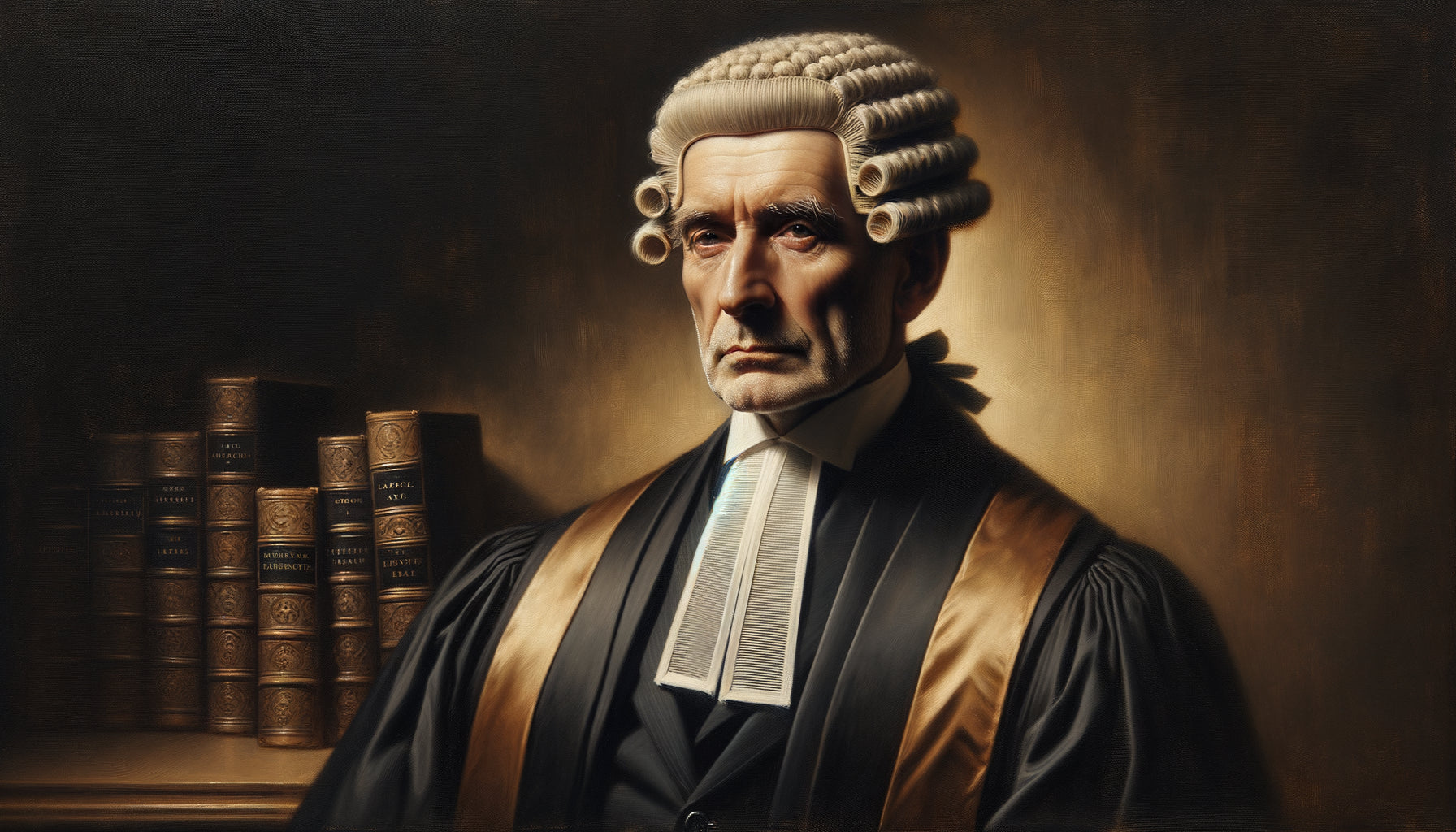 Portrait juridique classique d'un magistrat du 18ème siècle en robe noire, style peinture à l'huile traditionnelle