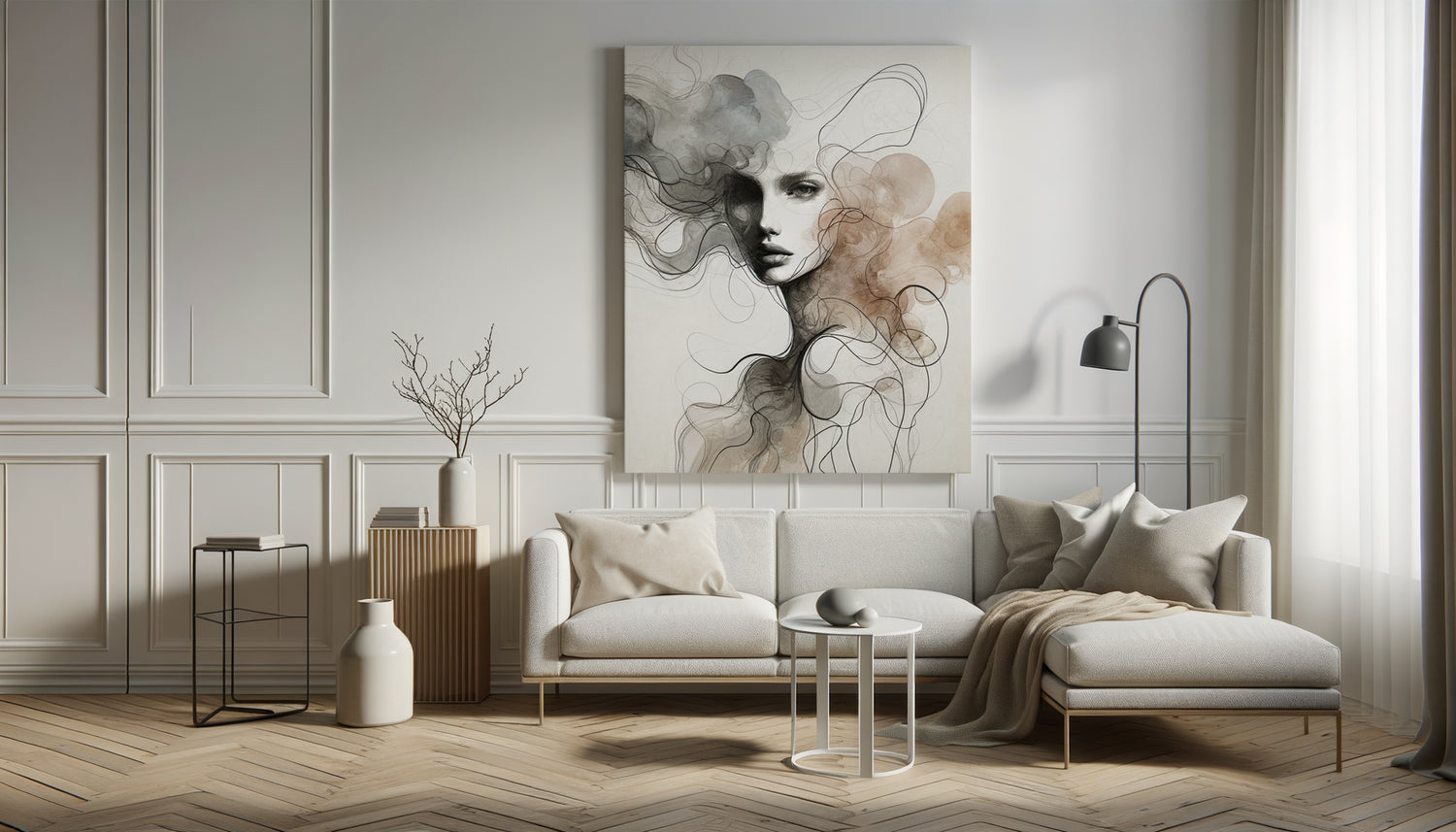 Portrait de mode abstrait aux tons nordiques épurés sur mur blanc d'intérieur minimaliste scandinave