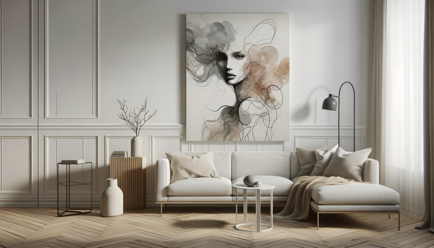 Portrait de mode abstrait aux tons nordiques épurés sur mur blanc d'intérieur minimaliste scandinave