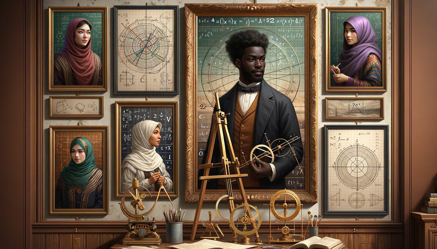 Portraits encadrés de mathématiciens diversifiés de différentes origines ethniques et genres dans un cadre éducatif inspirant