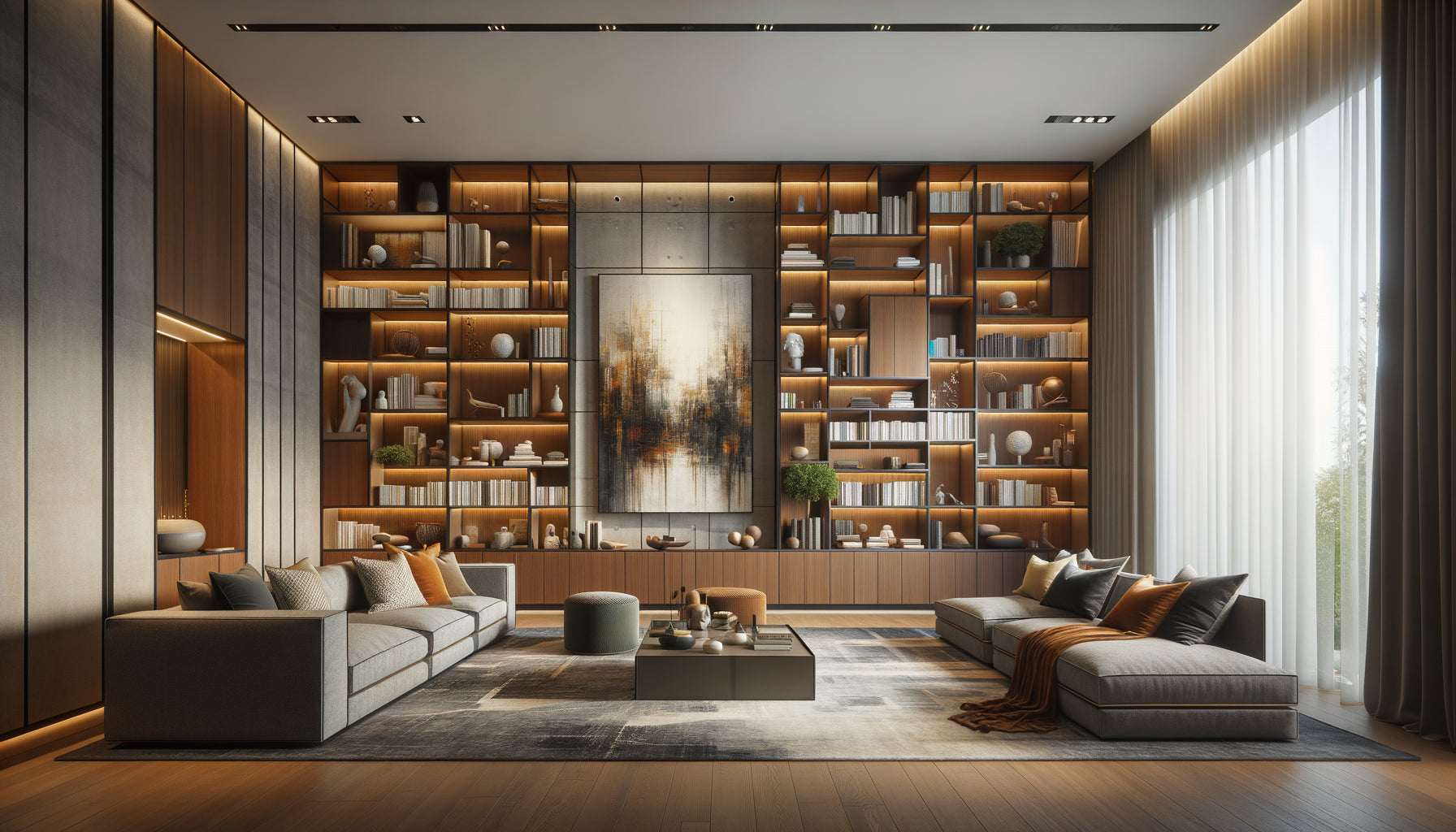 Intérieur contemporain avec bibliothèque d'angle sur deux murs perpendiculaires et grand tableau positionné stratégiquement