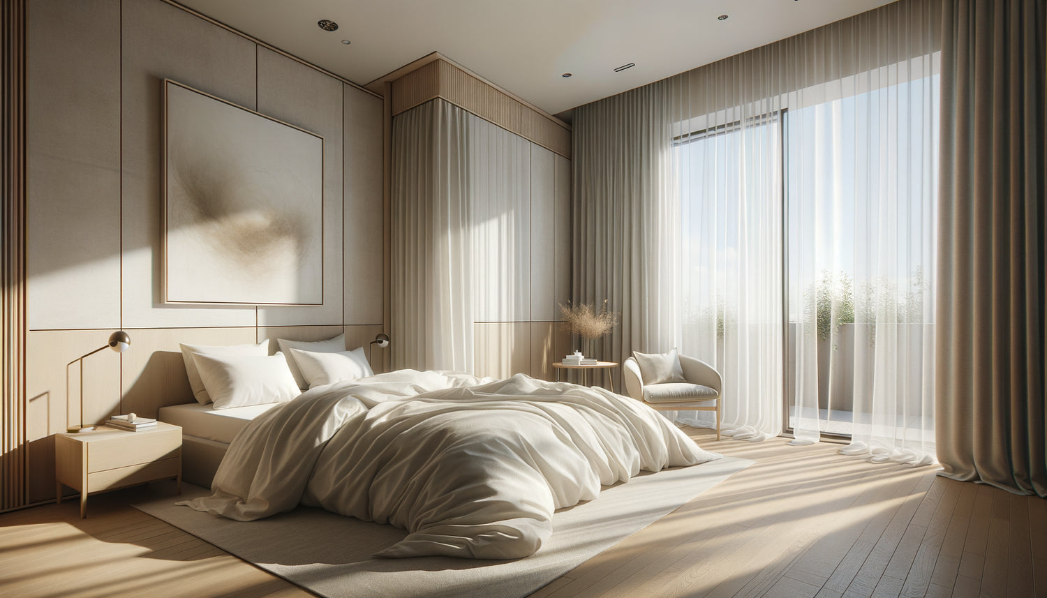 Chambre contemporaine avec tableau positionné face au lit à hauteur idéale entre 120 et 140 cm